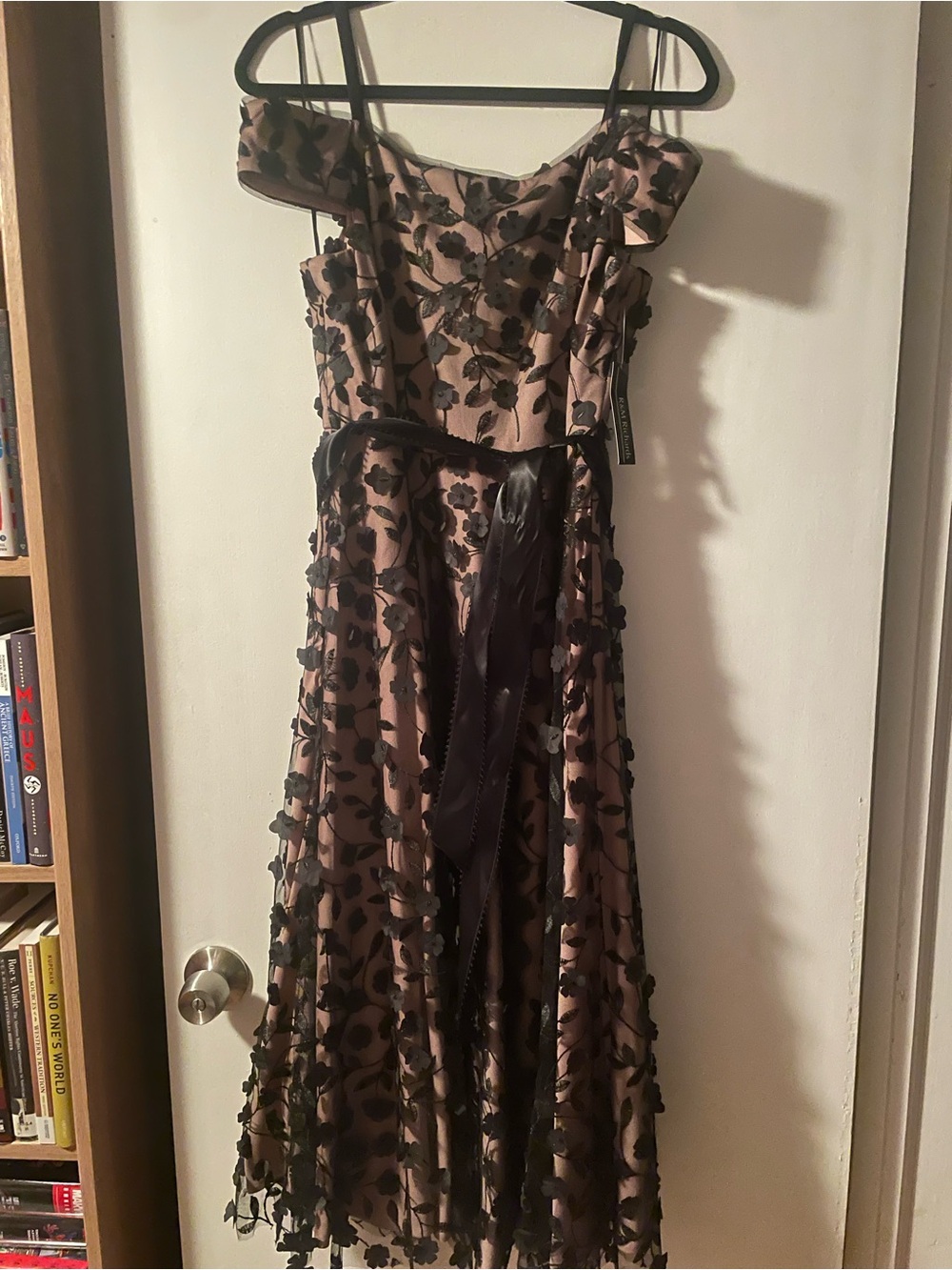 Blush Pink Midi Dress with Black Floral Appliqué and Sash